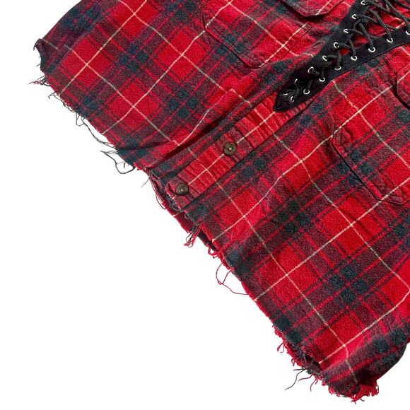 Furst of a Kind Women's L/S Red & Black Plaid Flannel Lace Up V Nack Crop Top - Picture 6 of 8